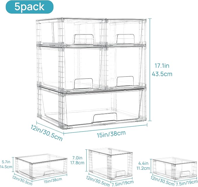 Vtopmart Clear Stackable Storage Drawers, 5 Pack Multi-Size Organizer Set | Wide, Medium and Small Pull-Out PET Drawers with Stackable Design for Cabinets, Closets, Pantry and Bathroom Organization - Image 3