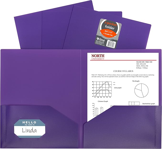 C-Line Two-Pocket Heavyweight Poly Portfolio, For Letter Size Papers, Includes Business Card Slot, 1 Case of 25 Portfolios, Purple (33959-25) by C-Line