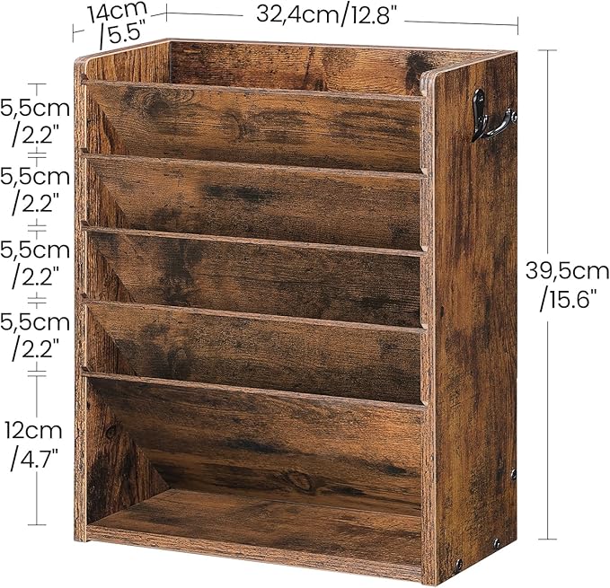 Wall File Organizer, 6-Tier Vertical Mount Hanging Holder with 2 Side Hooks, Vintage Wooden Magazine Storage Crate with Bottom Flat Tray, Desk Organizer, for Office, Home, Rustic Brown MWJ01FG - Image 5