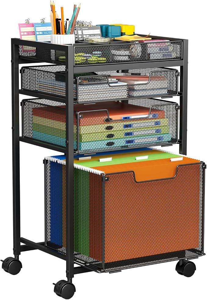 Rolling File Cart with 3 Storage Drawers, Under Desk Filing Cabinet with DIY Divider, Hanging File Folder Organizer on Wheels, Fits A4/Letter Size, Metal Utility Cart for Home Office, Black by JKsmart