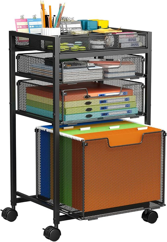 Rolling File Cart with 3 Storage Drawers, Under Desk Filing Cabinet with DIY Divider, Hanging File Folder Organizer on Wheels, Fits A4/Letter Size, Metal Utility Cart for Home Office, Black by JKsmart