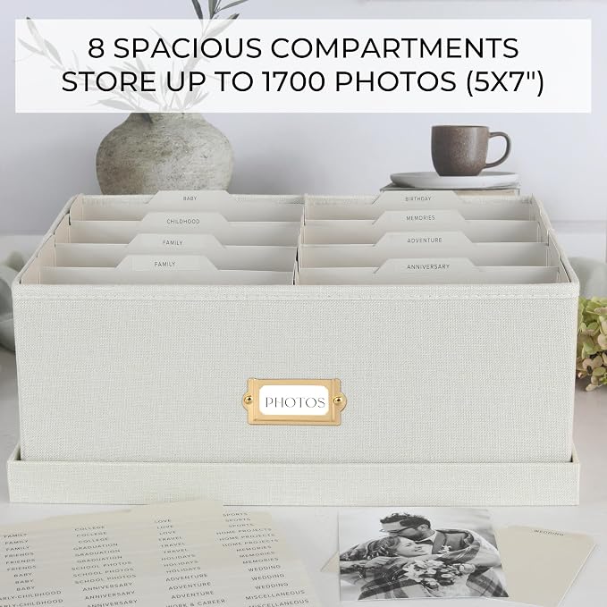 ZICOTO Decorative Photo Storage Box - Sturdy Linen Photo Organizer with Dividers is Perfect to Store Up to 1700 Pictures and 5x7 Photos - Portable Scrapbook Storage Containers with Lid - Image 5