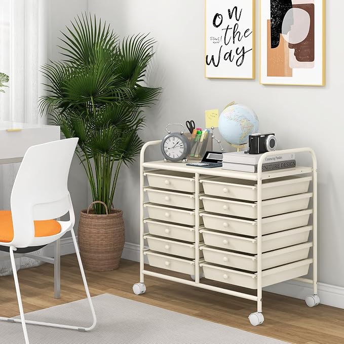 Giantex 12 Drawers Rolling Cart, Mobile Storage Drawer Cart, Classroom Organizer Cart for Office School Supplies Tools Scrapbook Paper Craft Small Printer, Utility Cart on Wheels, White - Image 4