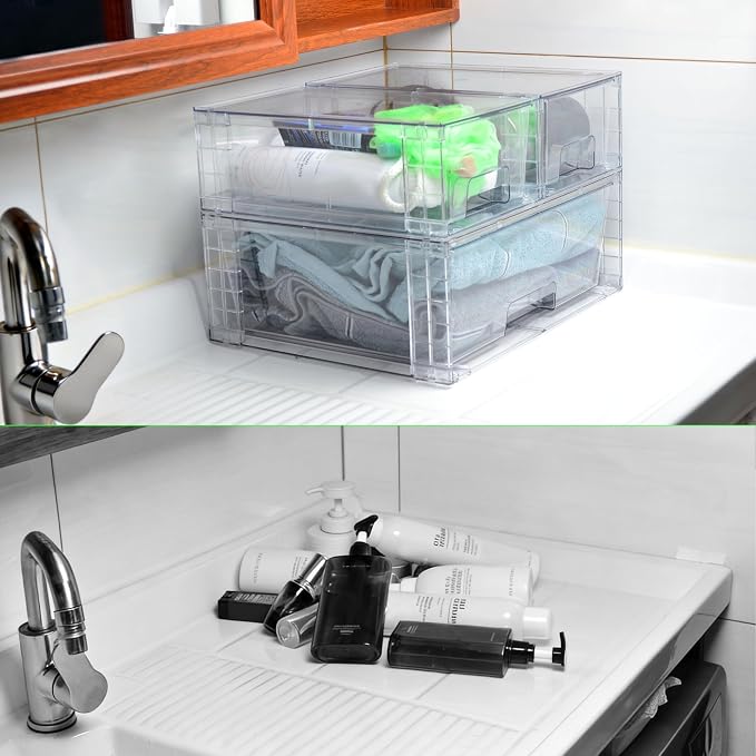 Wide Large Stackable Storage Drawers(3 Pack),Multi-purpose Clear Plastic Organizer Bins with Handles, Easy to Assemble for Bathroom Home Closet Under Sink Kitchen Pantry Medicine Cabinet - Image 8
