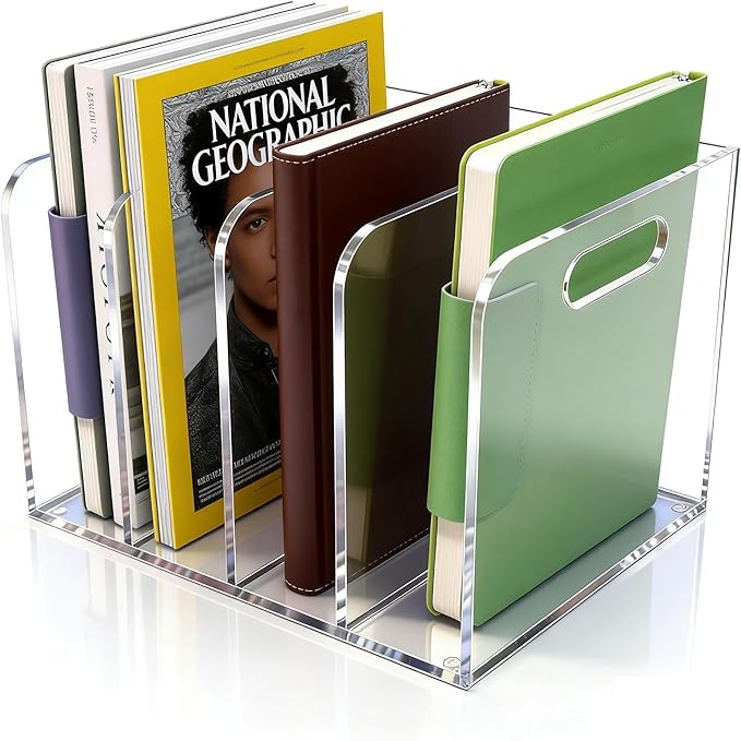 5mm Acrylic Magazine File Holder, 4 Compartment Desk Organizer | 4 spacious vertical compartments hold magazines, files, books & more. 5mm thick clear acrylic, non-slip base. No assembly. by Unknown