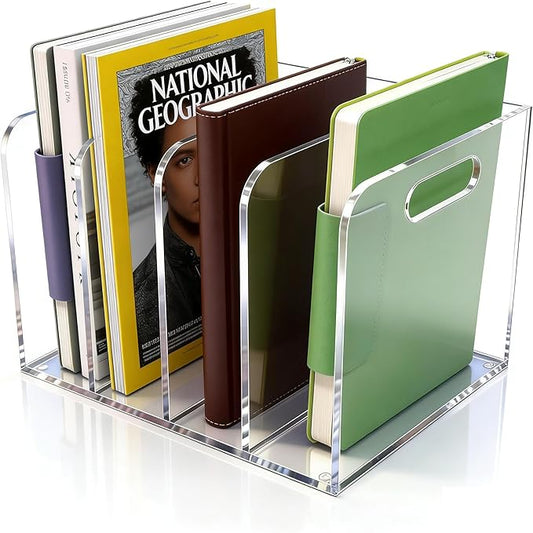 5mm Acrylic Magazine File Holder, 4 Compartment Desk Organizer | 4 spacious vertical compartments hold magazines, files, books & more. 5mm thick clear acrylic, non-slip base. No assembly. by Unknown