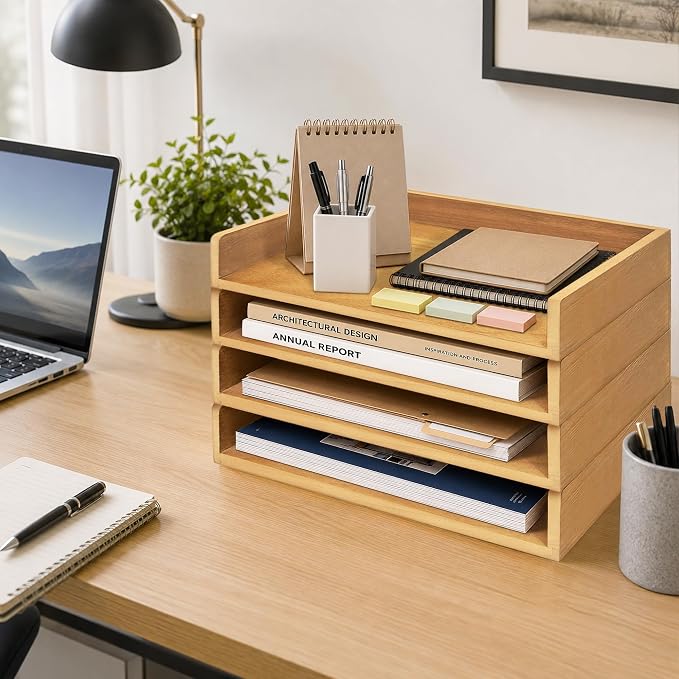 4 Pack Stackable Paper Tray, Wooden Paper Tray Organizer with Letter Tray, Paper Holder for Desk, Desktop File Storage Rack for Study, Home and Office (Oak) - Image 6