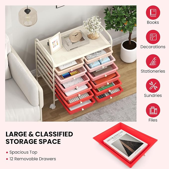 Giantex 12 Drawers Rolling Cart, Mobile Storage Drawer Cart, Classroom Organizer Cart for Office School Supplies Tools Scrapbook Paper Craft Small Printer, Utility Cart on Wheels, Pink Gradient - Image 7