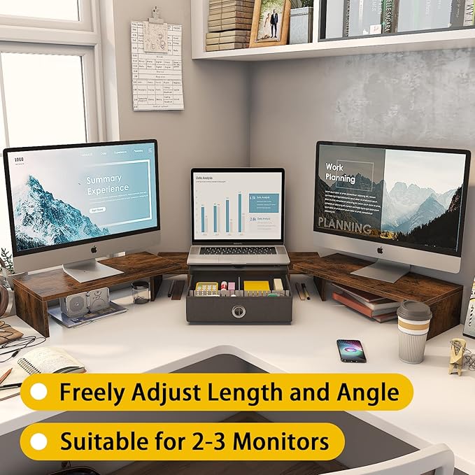 WESTREE Triple Dual Monitor Stand Riser with Drawer,Extra Large Adjustable for 2~3 Monitors,Solt for Phone & Tablet, Desktop Organizer Stand for Computer,Laptop,Printer,TV - Image 2