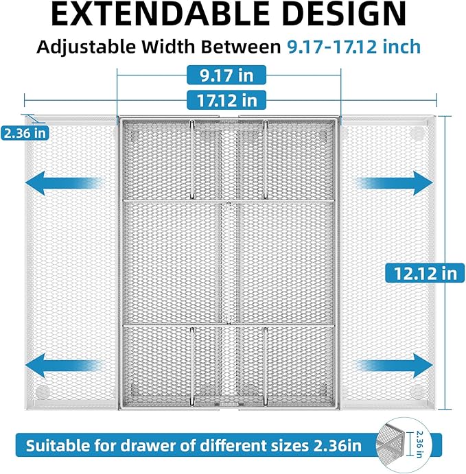 Marbrasse Expandable Desk Drawer Organizer, Mesh Tray with 10 Adjustable Compartments, Desk Organizers for Office Supplies, Makeup & Vanity (Expandable-Silver) - Image 2