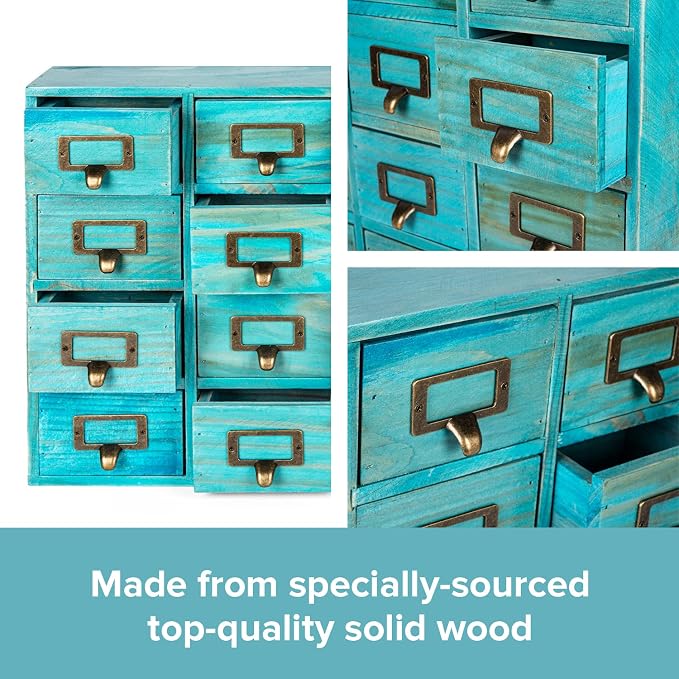 Teal 16-Slot Wooden Drawer Unit - Country Style Desk Organizer Box - 20"x3.6”x14” Wooden Storage Box w/ 16 Drawers - Countertop Drawers w/Label Holder & Handle - Slim 4-Level Desk Organizer - Image 6
