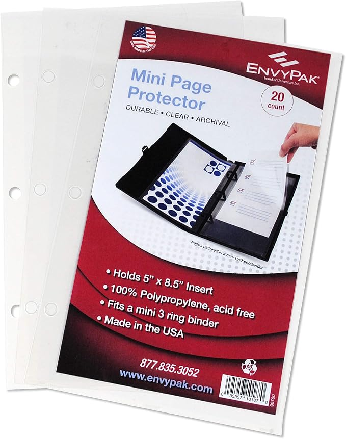 EnvyPak Mini Binder Page Protector - Holds 5 x 8.5 Inch Sheets - 3 Hole Punched - Pack of 20 Protectors by EnvyPak