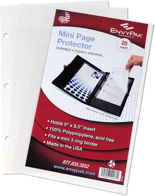 EnvyPak Mini Binder Page Protector - Holds 5 x 8.5 Inch Sheets - 3 Hole Punched - Pack of 20 Protectors by EnvyPak