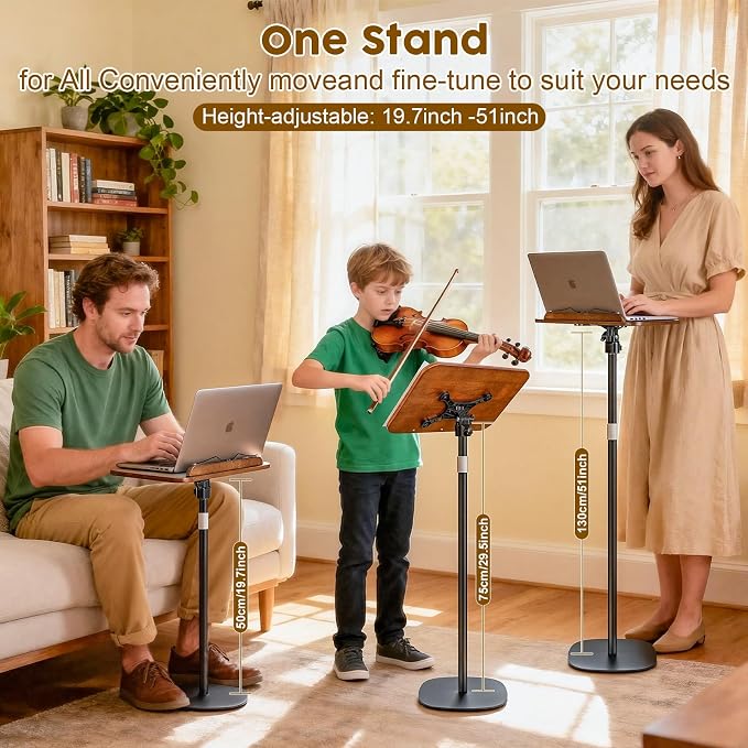 2 in 1 Dual-use Music Stand & Desktop Book Stand, Adjustable Height 16.5"-51", 100% Solid Wood Laptop Floor Stand Book Holder with Elastic Page Clips for Cookbooks (Black Walnut) - Image 6