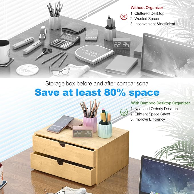 Bamboo Desk Drawer Organizer, Large Desktop Organizer with Drawers Tabletop Storage Organization Box for Office Home Toiletries Supplies Vanity, No Assembly Required (2 Drawer) - Image 5