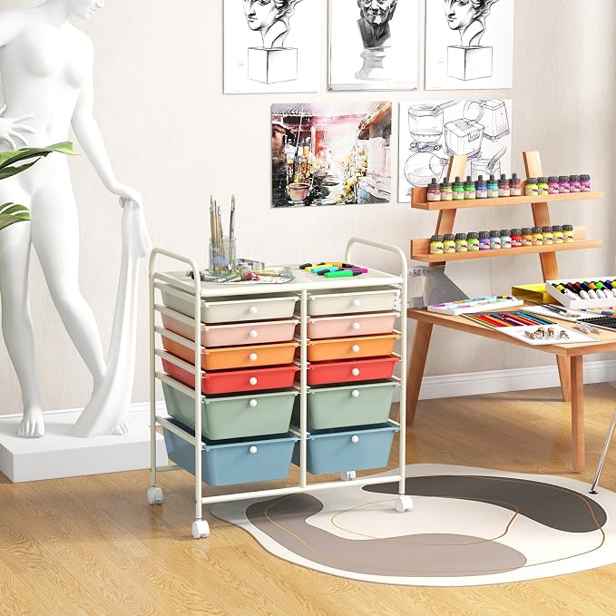 GOFLAME 12-Drawer Rolling Storage Cart, Multipurpose Organizer with 2 Sizes Plastic Drawers, Mobile Utility Cart with Lockable Casters for Home, Office, Beauty Salon, School, Macaron Color - Image 2
