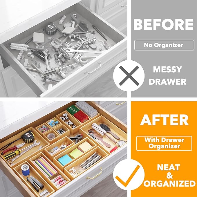 SpaceAid 14-Piece Bamboo Drawer Organizer Storage Boxes Set, Wood Tray Junk Drawer Organizers Multi-Use Divider Bins for Kitchen, Bathroom, Office Desk and Makeup Organization (14 Pack, Natural) - Image 2