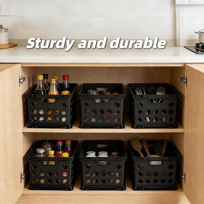 6-Pack File Crate, Storage Crates, Plastic Storage Bins for Letter & Files, Stackable Organizer Box with Handles, Black File Organizer for Home Office & Garage, 17.25" L x 14.25" W - Image 3