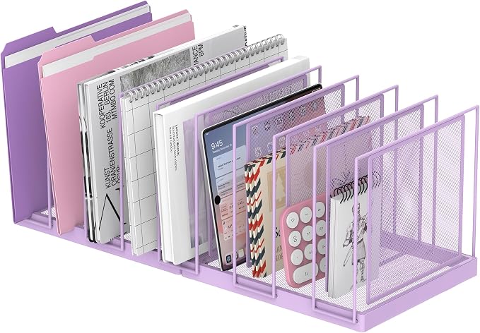 9-Section Desk File Organizer, Vertical File Holder, Mesh Desktop File Folder Metal File Organizer Stand for Office Home Classroom, Purple by JMHUD