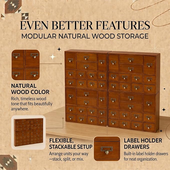 Modular Apothecary Cabinet with 48 Drawers I Stackable Library Card Catalog Organizer, Solid Wood Desktop Storage with Metal Label Holders for Makeup, Crafts, Oils, Tea & Office Supplies - Image 5