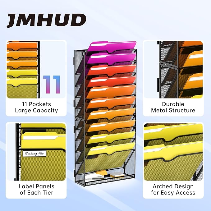 2-Pack 11-Tier Wall File Organizer with Base and Hooks, Black | Wall Organizer and Wall File Holder with 11 Vertical Pockets and Bottom Tray for Files, Mail, Folders, Magazines and Paper - Image 3