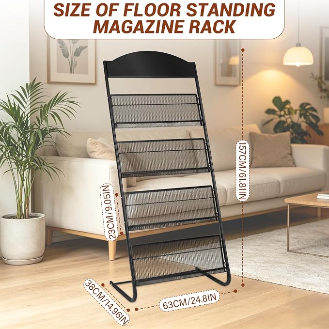 4-Tier Magazine Stand, 24.8'' Wide Iron Brochure Holder, Metal Newspaper & Literature Display Rack for Office, Waiting Room, Lobby, Classroom & Retail Store - Image 5