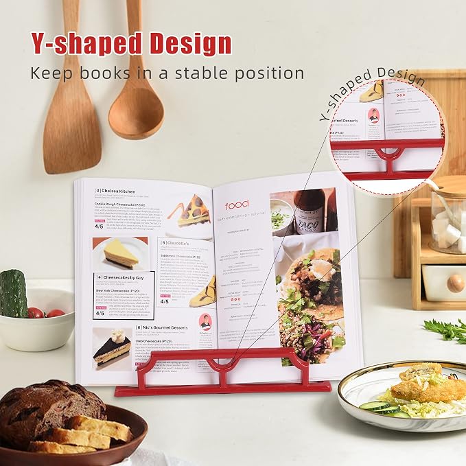 Cookbook Stand, Cast Iron Heavy-Duty Recipe Book Holder, Kitchen Vintage Recipe Book Holder, Reading Rest Holder for Easel/Counter/Books/Magazine/iPad/Bible Red - Image 5