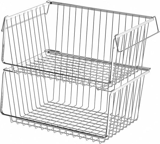 Wire Storage Baskets Stackable Large Metal Storage Organization, Pantry Storage Organizing Household Wire Baskets with Handles for Kitchen, Pantry, Bathroom, Cabinets, Bedrooms, Set of 2 by blitzlabs