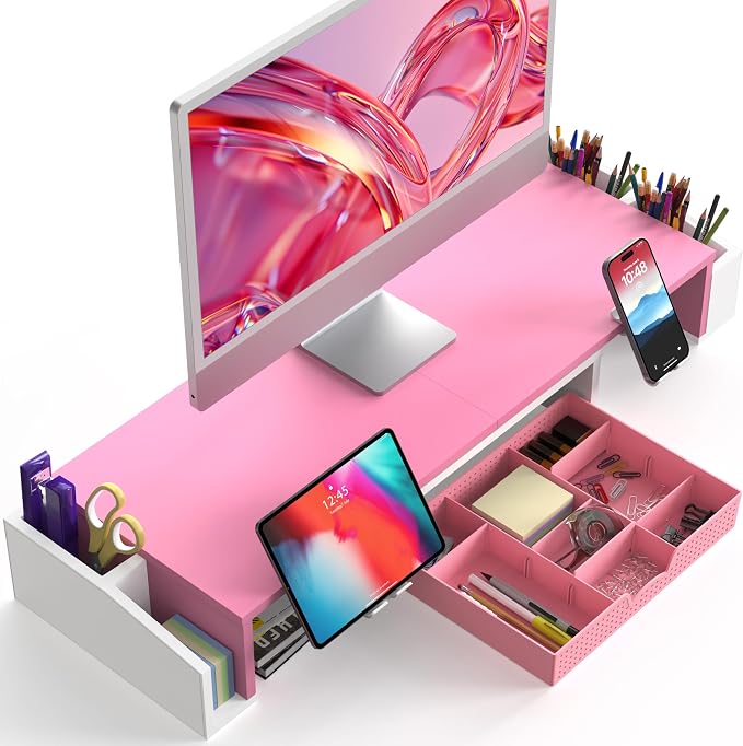 Simple Houseware Desk Dual Monitor Stand Riser with Drawer, Pink | Customizable Organizer Tray, Built-In Phone & Tablet Slot and Side Storage - Image 2