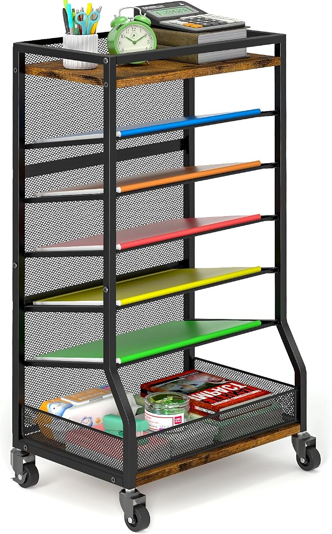 ThreeHio 7 Tier Rolling File Cart with Sliding Trays, Wood Metal File Organizer Beside Desk, Free-Standing File Holder, Paper Letter Tray Organizer Mesh Desk Organizer for Home Office School (Patent) by ThreeHio