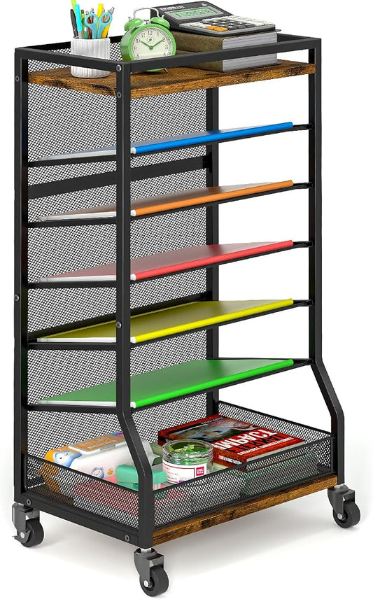 ThreeHio 7 Tier Rolling File Cart with Sliding Trays, Wood Metal File Organizer Beside Desk, Free-Standing File Holder, Paper Letter Tray Organizer Mesh Desk Organizer for Home Office School (Patent) by ThreeHio