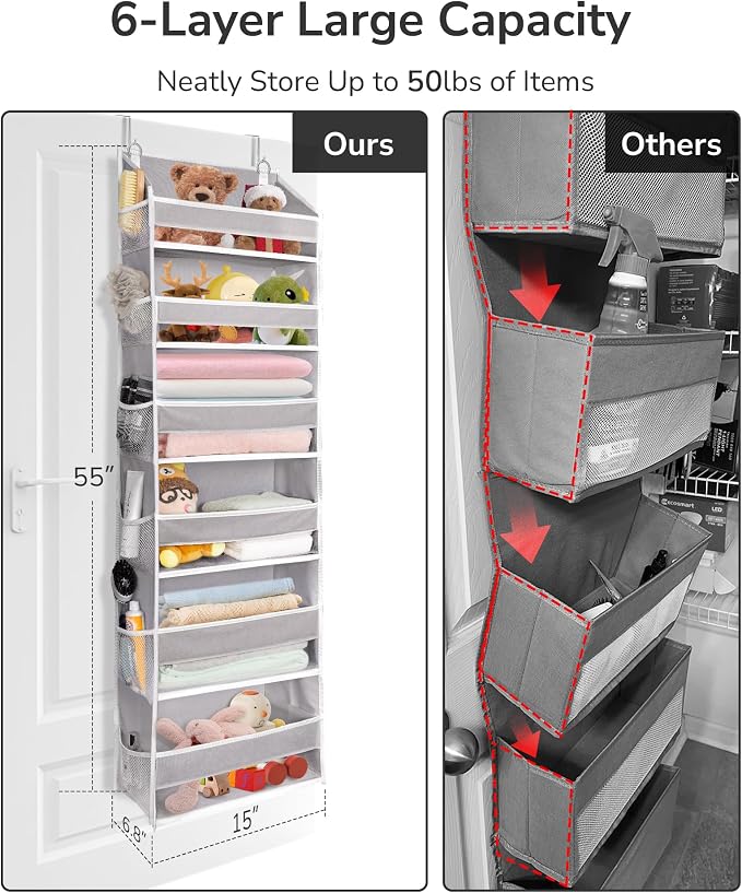 ULG Over The Door Organizer with 6 Large Pockets 12 Side Pockets, 50lbs Weight Capacity Door Hanging Organizer for Bedroom, Bathroom, Pantry, Nursery Storage, Gray - Image 3