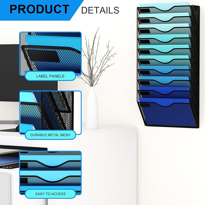 10 Pockets Hanging Wall File Organizer Mail Holder, Wall Mounted Paper Document Folder Holder, Clipboard Storage Organization Magazine Rack, Black - Image 4