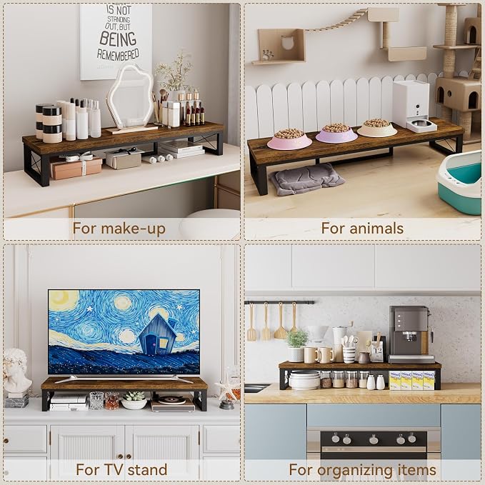 IBUYKE Large Dual Monitor Stand Riser for 2 Monitors, Wooden Desktop Computer Monitor Stand Storage Shelf and Steel Legs,Dual Screen Office Desk,Monitor Riser for Computer, Printer,Laptop,TV,Rustic Brown UTDJ002H - Image 9