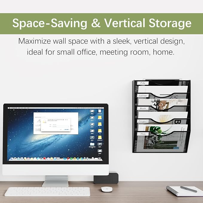 EasyPAG Wall File Organizer 5 Tier Hanging Paper Folder Holder, Zero Assembly Metal Mesh Wall Mounted Mail Organizer for Office Home Classroom Narrow Spaces, Black - Image 2