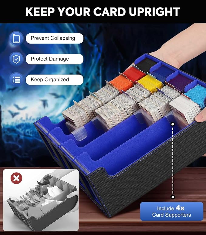 MoKo Card Storage Box for Trading Cards, 3000+ Card Capacity, Black Blue | MTG Deck Box, w/ 24 Colorful Dividers & 4 Card Supporters & Display Window, Deck Case Fits for TCG, PTG and Sport Cards - Image 6