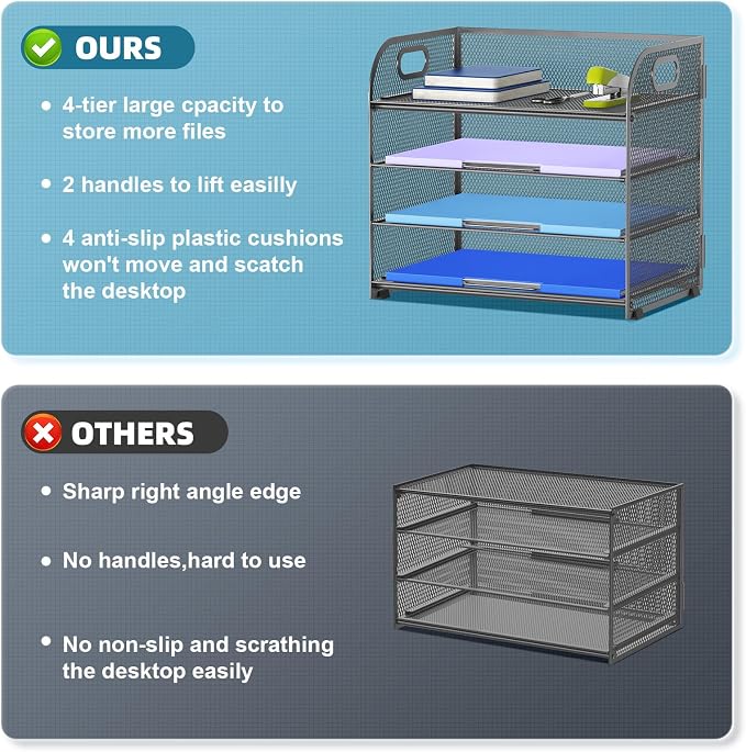 Marbrasse 4 Tier Paper Organizer Letter Tray - Mesh Desk File Organizer with Handle, Paper Sorter Organizer for Letter Office File Folder Holder (Grey, 12.6" x 9.1" x 10.7") - Image 2