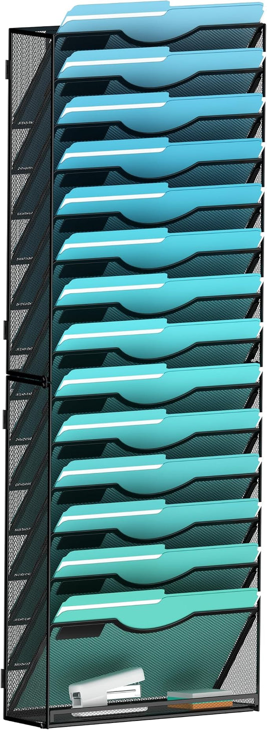 Gawerk 15-Tier Wall File Organizer Hanging Wall File Holder Wall Mount Paper Folder Organize, Mesh Magazine Document Mail Organizer Wall Organizer for Office School Home, Black by Gawerk
