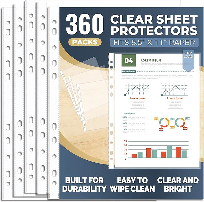 360 Pack Clear Sheet Protectors 8.5 x 11 Inch, Plastic Page Sleeves for 3 Ring Binder, Transparent Letter-Size Document Covers, Top Loading, for Paper Documents, Home, School and Office Use by Unknown