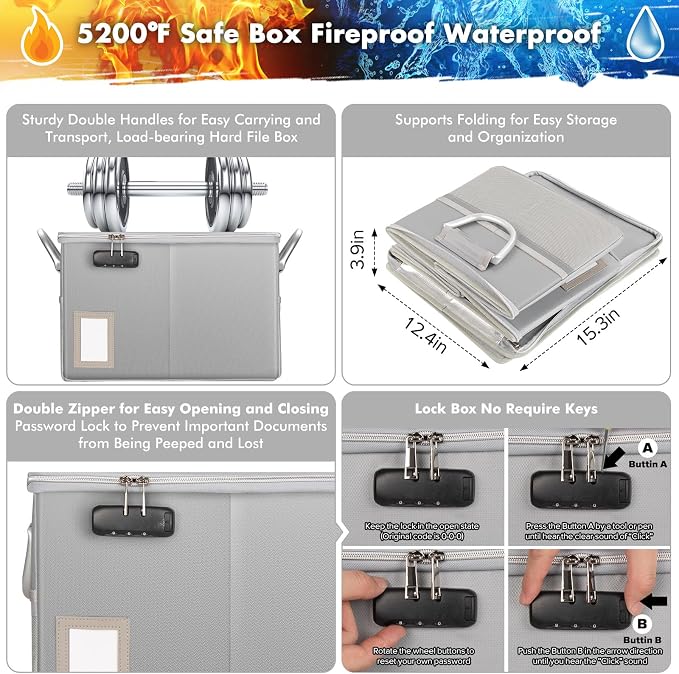 TOMKID 5200°F Fireproof Document Box, Fire Important Document Organizer with Lock, Upgraded Heat Insulated Filing Storage Cabinet Office Organization (5200°F Fireproof Box, Silver) - Image 2