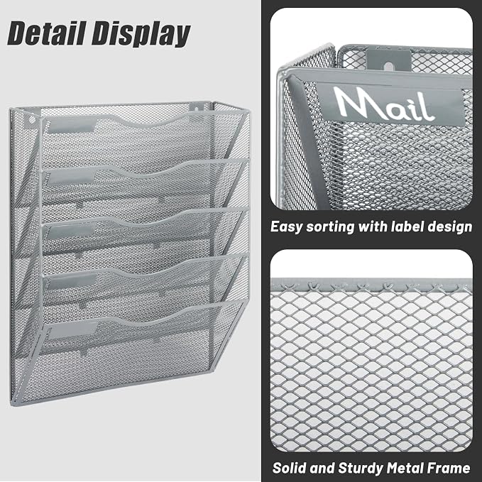 5 Pocket Mesh Hanging Wall File Organizer, Wall Mounted Mail Paper Document Folder Holder, Clipboard Storage Organization Magazine Rack with Nametag Label for Office Home School, Gray - Image 3