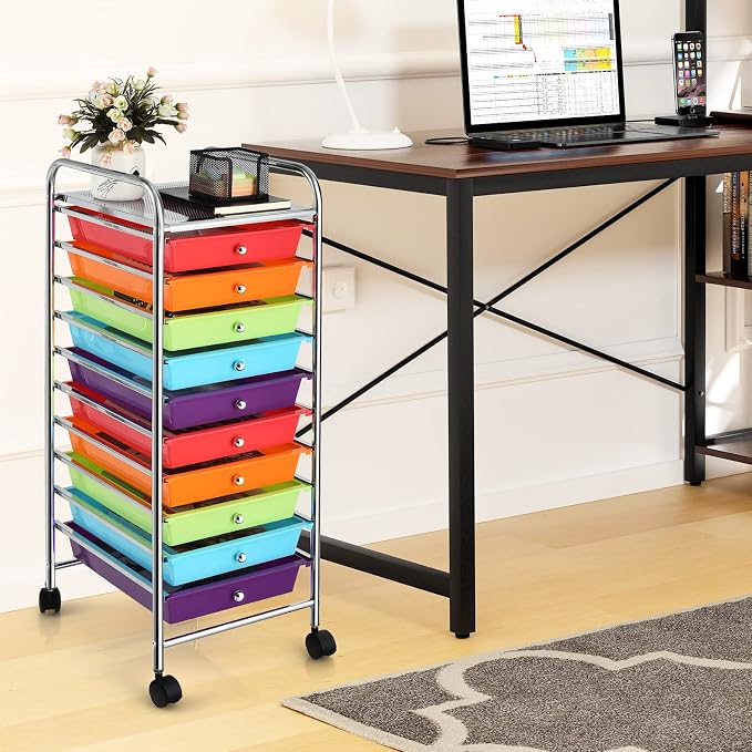 Storage Cart, Rolling Utility Cart with 10 Drawers, Portable Handles & Lockable Wheels, Mobile Paper Toys Storage Organizer Large Capacity for Home Office School Teacher (Multi-Color) - Image 9