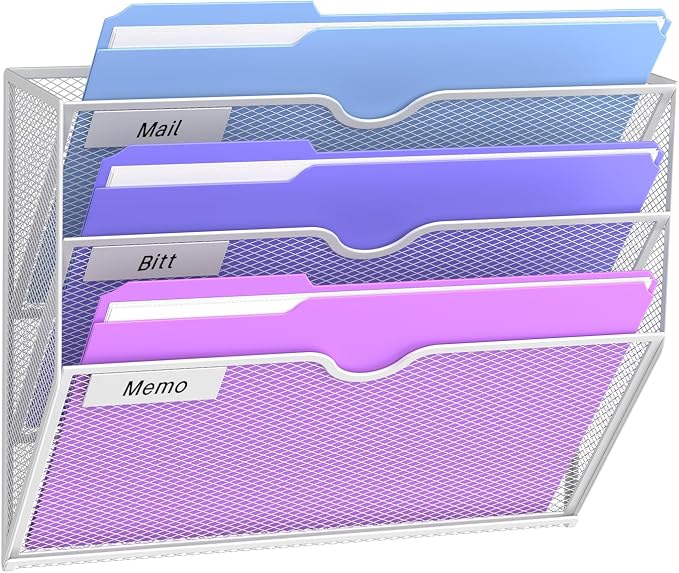 3-Tier Wall File Organizer, Hanging File Organizer, White | Wall-mounted mail storage holds papers, folders, files, clipboards and magazines, assembly required for office or home use. by Unknown