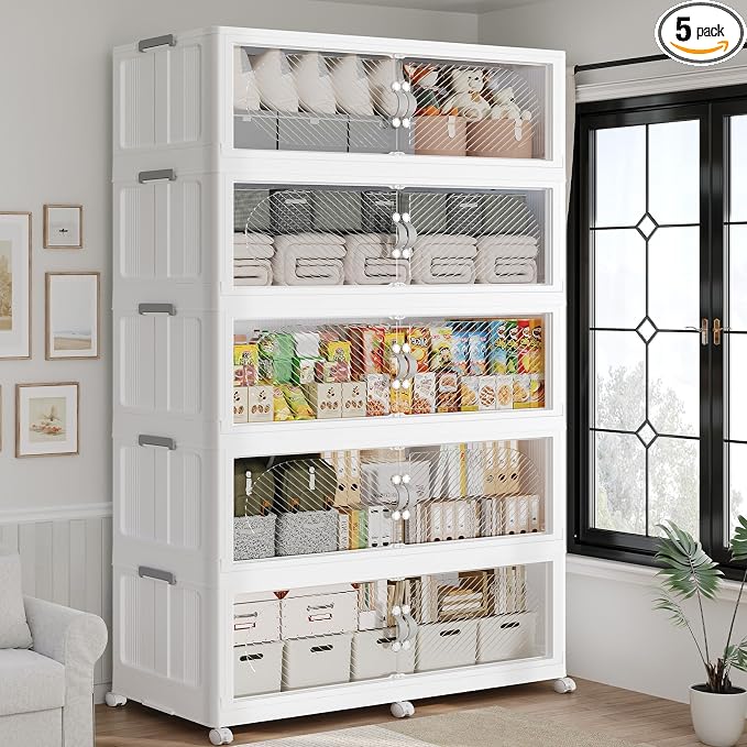 1200QT Extra Large Stackable Storage Bins with Lid, 300Gal Plastic Closet Organizers and Storage Drawer, Collapsible Cabinet Box with Wheels Clear Doors for Home Kitchen Garage, 5Pack White by QAVABIN