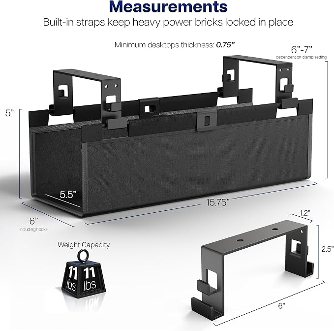 VIVO Screw-on Under Desk 16 inch Fabric Cable Management Tray, Wire Concealer, Power Strip Storage, Workspace Organization, Easy Fold Down Access, Black, DESK-AC16F-S - Image 5