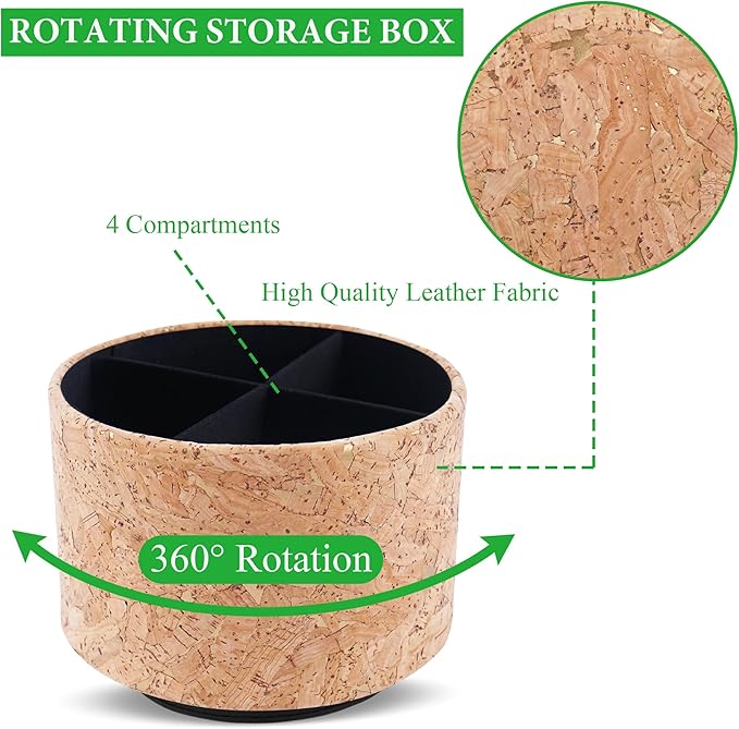 Round Leather Art Supply Organizer,Remote Control Holder,360 Degree Spinning,Multi-Functional Pencil Holder,4 Compartments Desktop Stationary Organizer(1-Wood Leather Gold)