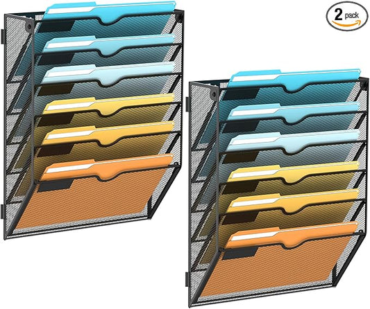 6 Tier Wall File Organizer, Hanging Wall Mounted Mail Organizer with Label Slots, Metal Mesh File Holder Magazine Rack for Office, Home, School or Classroom, Black, 2Pack by SUPEASY