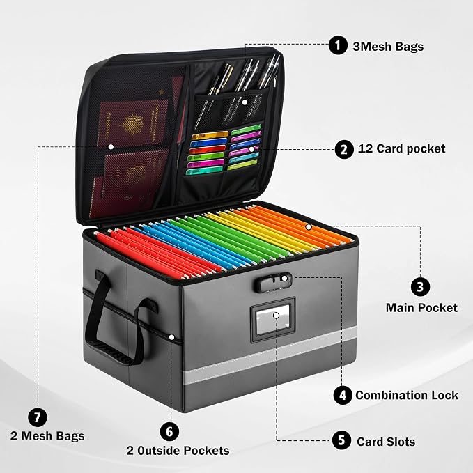 EXLIFBAG File Organizer, Fireproof File Box with Lids, Important Document Organizer Box with Lock, Portable File Folder Organizer with Handle - Image 2