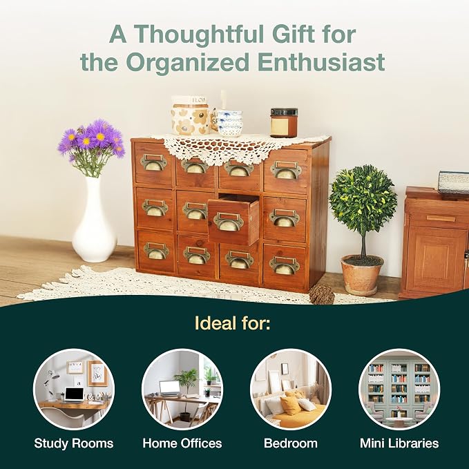 12-Drawer Apothecary Cabinet - Index Card Organizer - Mahogany Wooden Card Catalog - Fits Standard US 3x5in Index Cards - Vintage Desktop Drawer Organizer for Tea, Herbs, and Office Supplies - Image 7