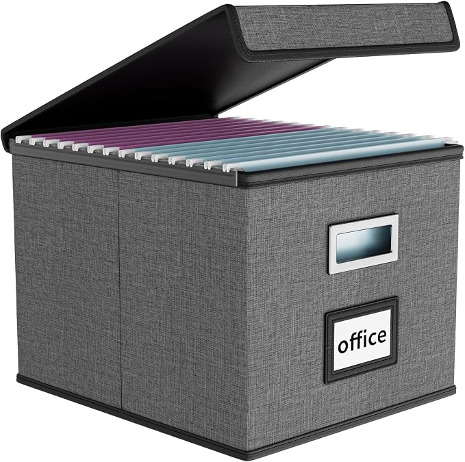 File Organizer Box with Lids, Collapsible File Folder Organizer | File Box with Plastic Slides for Document, Filing Bin for Letter Size Hanging File Folders (1 Pack, Smoky Gray) by Huolewa